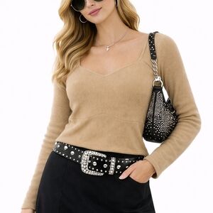 Ingrid & Isabel Camel Ribbed Long Sleeve Top Sweetheart Neckline Eco Maternity